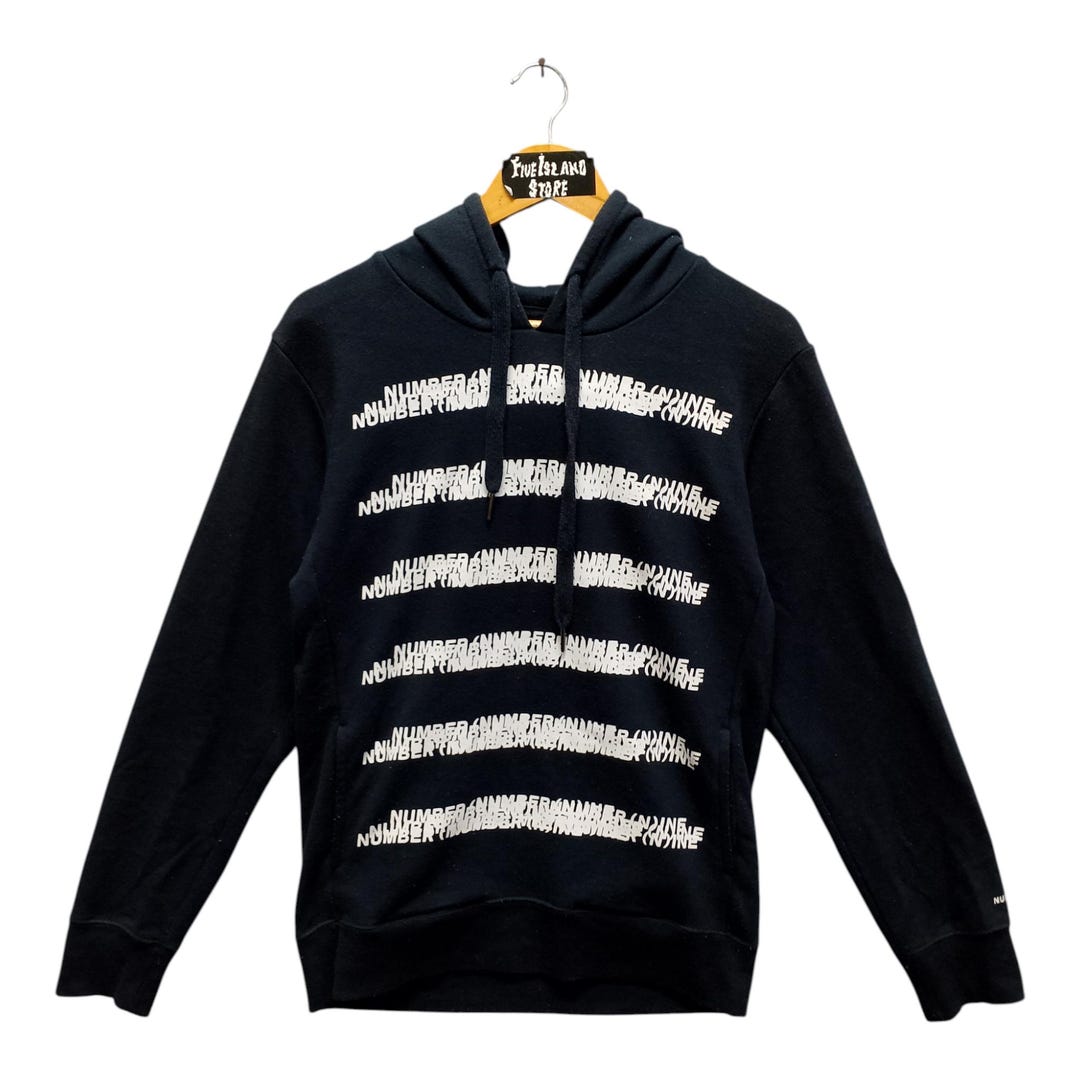 Vintage Number (n)ine Denim Hoodie Black Graphic Logo Japan Size L