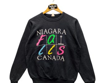 Vintage 1980s Niagara Falls Canada Sweatshirt – Neon Graphic Crewneck – Made in Canada – Black Raglan – Size Small