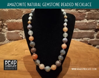 Big Bead Amazonite and Indian Agate Gemstone Beaded Statement Necklace - Earth Tones with Tibetan Silver - Adjustable Length 21" to 23.5"