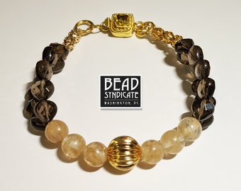 Citrine and Smoky Quartz Natural Gemstone Bracelet Featuring 18K Gold-Plated Accent Beads and Box Clasp with a Faceted Citrine Crystal - 8"