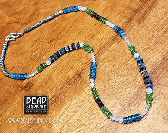 One-of-a-Kind Beaded Gemstone Choker Necklace Featuring Blue Apatite, Pale Blue Aquamarine and Green Peridot - 17" Adjustable to 19"