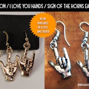 Rock On / I Love You Hands / Sign of the Horns Dangle Earrings - Now available in Silver and Gold! Fast, free shipping!
