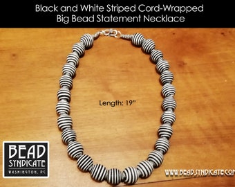 Chunky Black and White Cord-Wrapped Big Bead Statement Necklace - 19"
