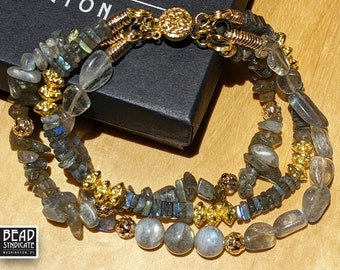 Blue Flash Labradorite Gemstone Beaded Bracelet with 18K Gold Plated Accent Beads and Box Clasp - Triple Strand - Length 8"