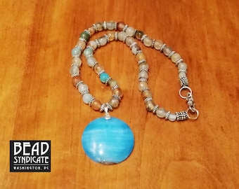 Colorful Agate Gemstone Beaded Necklace with with Blue Argentina Gemstone Pendant - 17" - 19"
