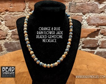 Beaded Choker Necklace featuring Orange and Blue 8mm Rain Flower Jade Beads and Tibetan Silver Accent Beads - Length: 17 Inches