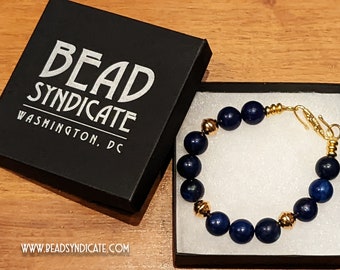 Vibrant Blue Lapis Lazuli 12mm Gemstone Bracelet with 18K Gold Plated Accent Beads