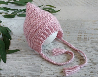 Baby Pixie Bonnet Dusty Pink Newborn Vintage Handmade Crochet Knitted Beanie Hat Photo Prop