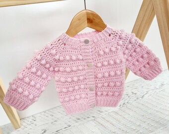 Baby Cardigan Pink Newborn Handmade Crochet Bobble Jacket Baby Shower Gift 0-3 months