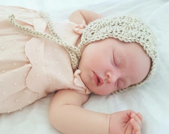 Baby Bonnet Pale Beige Newborn Vintage Handmade Crochet Knitted Newborn Beanie Hat