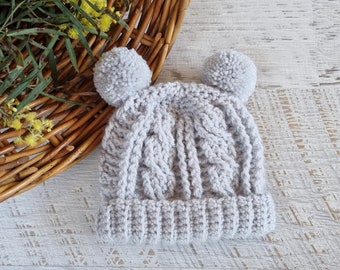 Baby Beanie Pale Grey Newborn Handmade Crochet Knitted Cable Hat with Double Pompoms Photo Prop Baby Shower Gift