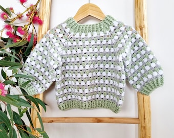 Sage Green, Grey & White Granny Stitch Hand Crocheted Baby Jumper Sweater Baby Shower Gift 12 months +