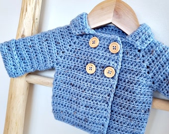 Blue Tweed Hand Crocheted Baby Cardigan Jacket 0 - 2 months