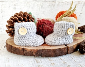 Baby Booties Pale Grey Newborn Handmade Crochet Knit Shoes Socks Pregnancy Announcement Baby Reveal Birth Baby Shower Gift