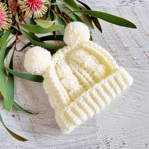 Baby Beanie Cream/Off White Newborn Handmade Crochet Knitted Cable Hat with Double Pompoms Photo Prop Baby Shower Gift