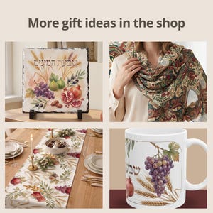 May include: Image featuring gift ideas: a decorative stone with Hebrew text and fruit illustrations, a patterned scarf, a table runner with fruit and leaf designs, and a white mug with fruit and text.