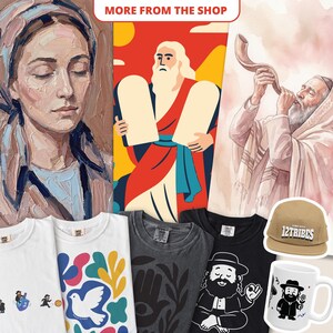 May include: Collection of religious-themed merchandise, including t-shirts with graphic designs, a baseball cap, and a ceramic mug. The image also features religious artwork depicting biblical figures and scenes.