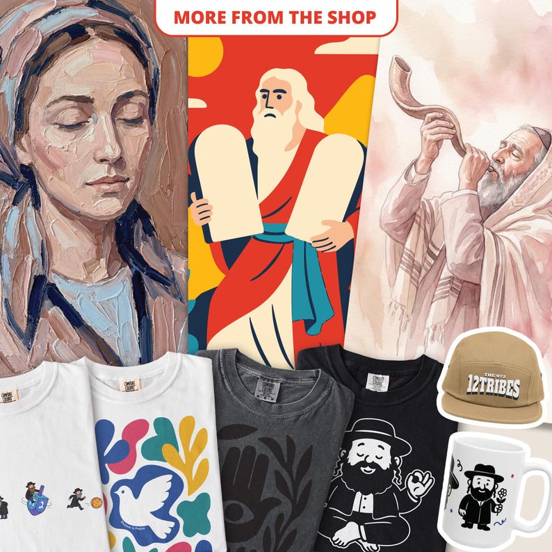 May include: Collection of religious-themed merchandise, including t-shirts with graphic designs, a baseball cap, and a ceramic mug. The image also features religious artwork depicting biblical figures and scenes.