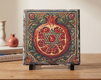 May include: A square stone plaque featuring a mosaic-style illustration of a pomegranate with a central blue Star of David. The design incorporates deep red, gold, and green tones with intricate geometric borders and leafy vine accents.