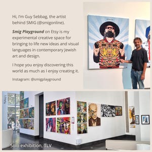 May include: An art exhibition featuring multiple paintings with vibrant colors and portraits. The artist, Guy Sebbag, is standing next to a large canvas with a man wearing sunglasses and a hat. The exhibition is in TLV.