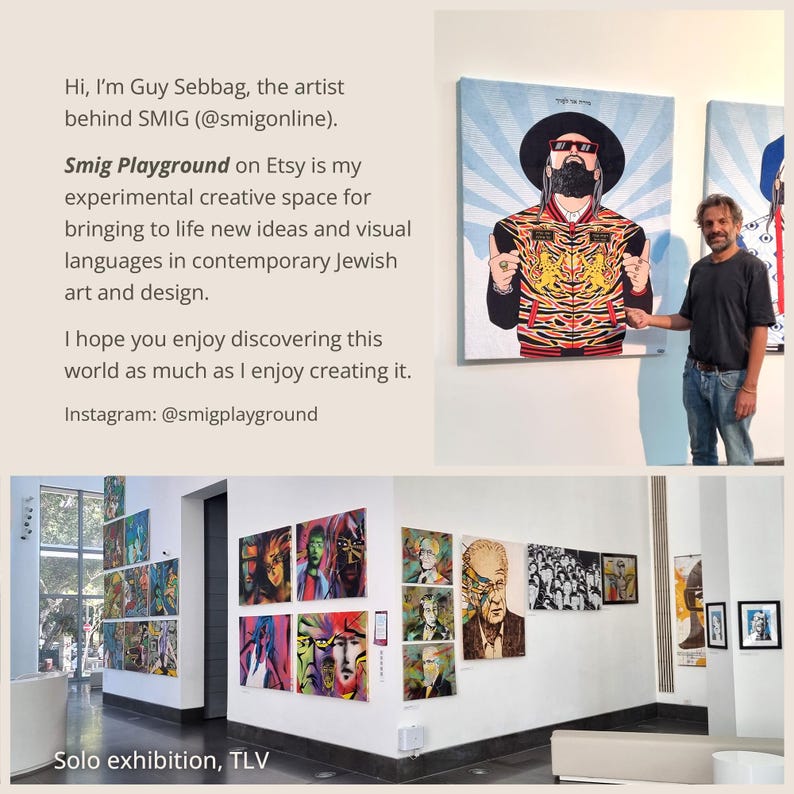 May include: An art exhibition featuring multiple paintings with vibrant colors and portraits. The artist, Guy Sebbag, is standing next to a large canvas with a man wearing sunglasses and a hat. The exhibition is in TLV.