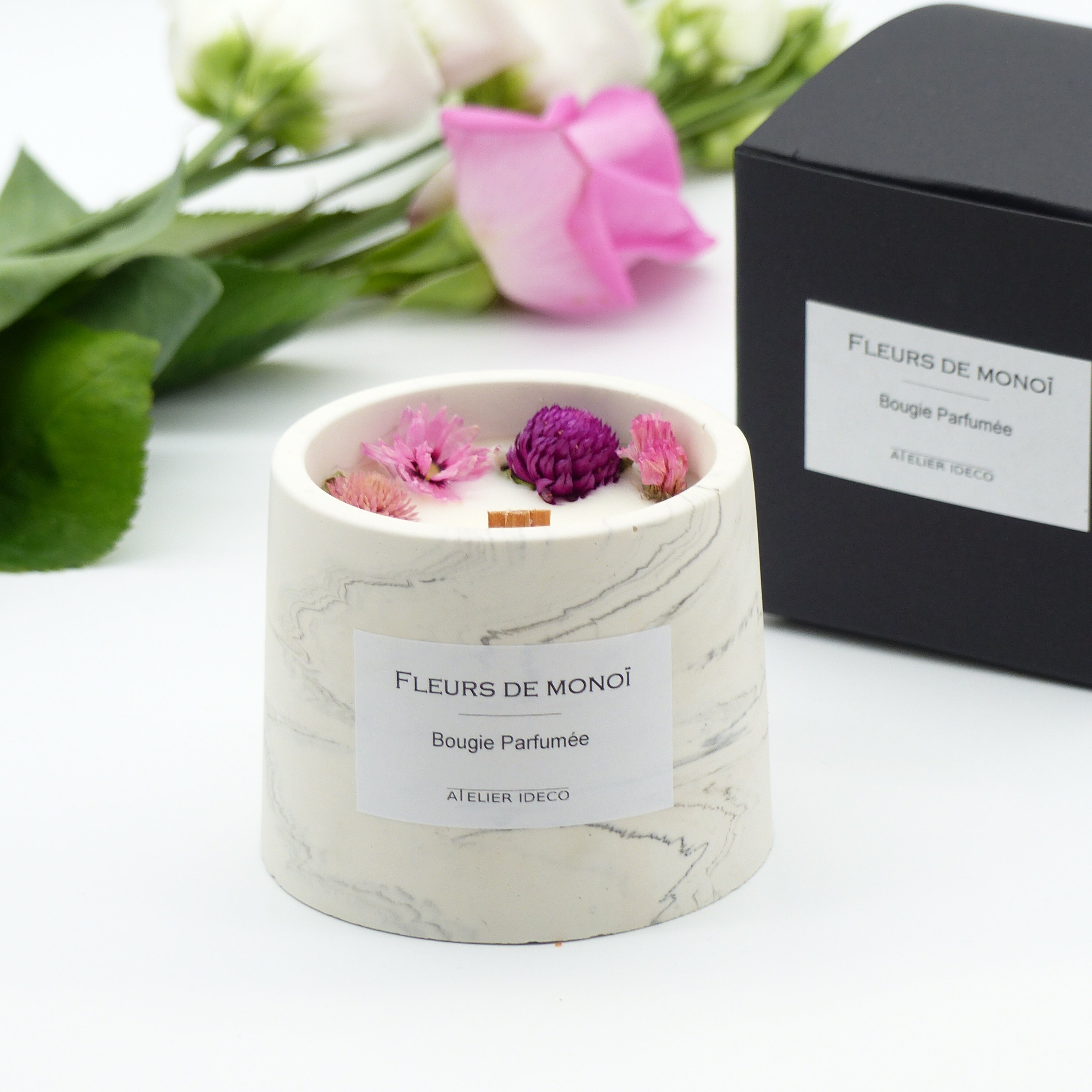 Bougie Fleurie Fleurs de Monoï Saint-Valentin| Bougie Parfumée Marbrée Qui Sent Bon L'été et Les Vac
