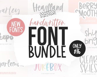 May include: A digital illustration of a font bundle with the text "handwritten font bundle" in black and white. The bundle includes 10 different fonts with names like "barley", "cakepo", "sugarlem", "Heartland", "Berry Smoothie", "Shine Bright", "Jukebox", and "Clear Skies". The text "New Fonts" is in a pink circle. The text "Only $16" is in a black circle.