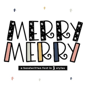 Fonte Merry Merry - Fonte manuscrita divertida em três estilos, fonte de Natal, fonte Cricut, fonte floco de neve, fonte de contorno, pacote de fontes Cricut