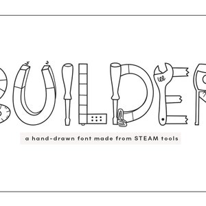Op de afbeelding: Zwart-witte illustratie van het woord "BUILDER" gespeld met behulp van verschillende gereedschappen, waaronder een gradenboog, een hoefijzermagneet, een schroevendraaier, een liniaal, een moersleutel en een meetlint. De tekst onder het woord luidt "a hand-drawn font made from STEAM tools".