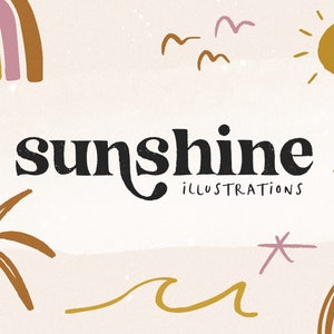 May include: A digital illustration set with the text "sunshine illustrations". The illustrations include a sun, palm tree, rainbow, waves, and stars in a warm color palette.