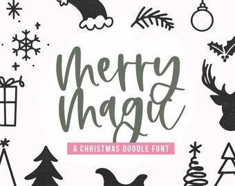 Carattere scarabocchi di Natale - Merry Magic, scarabocchi natalizi, caratteri Cricut, alberi di Natale, renne, carattere Dingbat, carattere fattoria