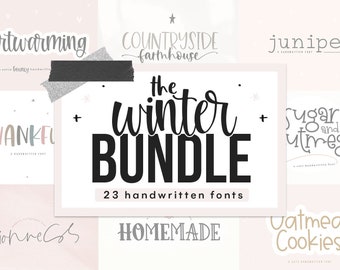 May include: A collage of 23 handwritten fonts in a winter theme. The fonts are displayed in various styles and colors, including black, white, gray, and pink. The text includes "Heartwarming", "Countryside Farmhouse", "Juniper", "Thankful", "The Winter Bundle", "Sugar and Utmeg", "Lionnes", "Homemade", and "Oatmeal Cookies".