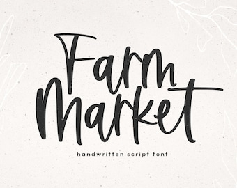 Puede incluir: Diseño de fuente de escritura a mano para las palabras "Farm Market" en negro sobre un fondo blanco texturizado.