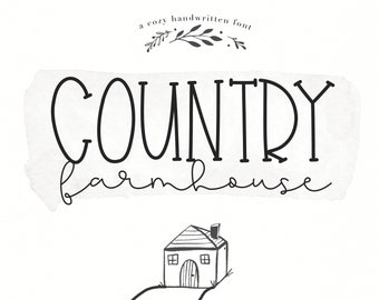 Puede incluir: Una ilustración en blanco y negro de una casa de campo con el texto "COUNTRY farmhouse" encima. El texto está escrito a mano.