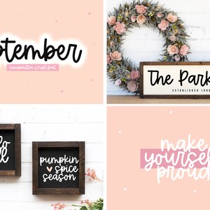 Pode incluir: Uma cole&ccedil;&atilde;o de quatro placas com texto escrito &agrave; m&atilde;o em uma fonte de escrita cursiva preta. As placas apresentam as palavras "September", "The Parkers Established 1989", "hello fall", e "pumpkin spice season".