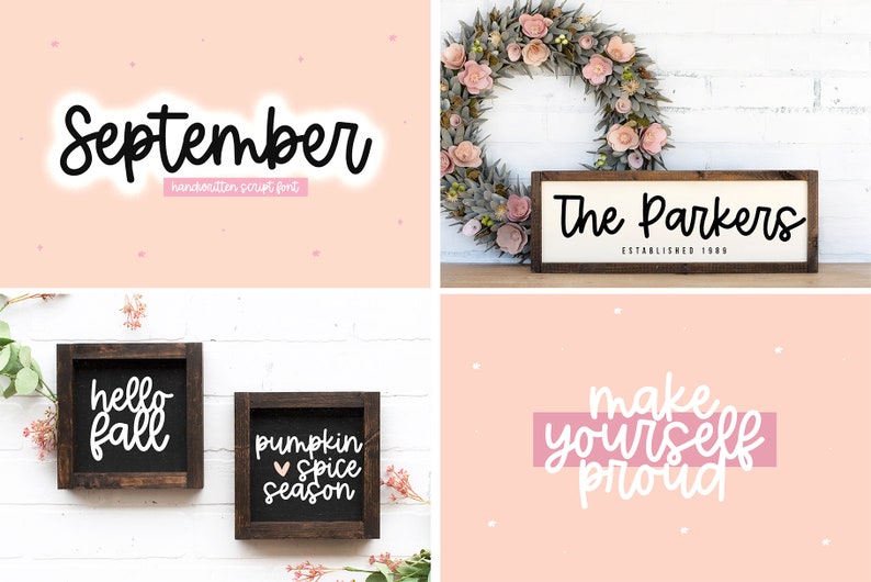 Pode incluir: Uma cole&ccedil;&atilde;o de quatro placas com texto escrito &agrave; m&atilde;o em uma fonte de escrita cursiva preta. As placas apresentam as palavras "September", "The Parkers Established 1989", "hello fall", e "pumpkin spice season".