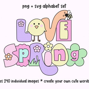 Conjunto de alfabeto de primavera - letras retrô PNG, letras retrô SVG, conjunto de alfabeto, clipart retrô, alfabeto de sublimação, conjunto de alfabeto de Páscoa