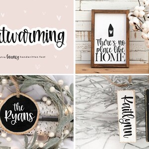 Peut inclure: Un ensemble de quatre pancartes en bois avec une inscription en calligraphie noire. Les pancartes pr&eacute;sentent les phrases "Heartwarming", "There's no place like HOME", "The Ryans", "Kaitlynn", et "Heather".