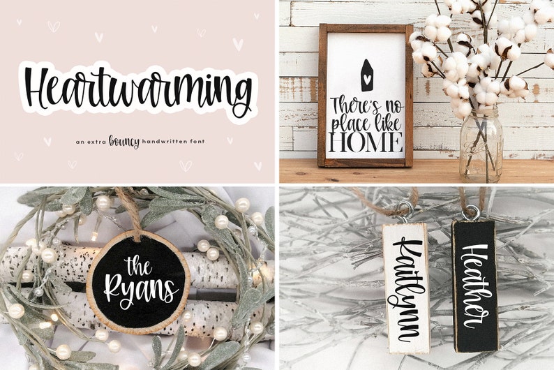 Peut inclure: Un ensemble de quatre pancartes en bois avec une inscription en calligraphie noire. Les pancartes pr&eacute;sentent les phrases "Heartwarming", "There's no place like HOME", "The Ryans", "Kaitlynn", et "Heather".