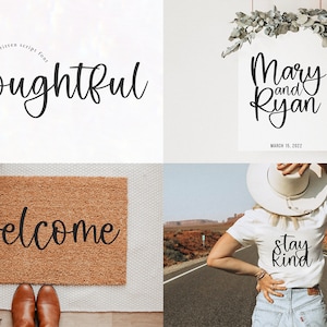 May include: Four images showcasing different uses of a handwritten script font called "Thoughtful". The first image shows the font name in a white background. The second image shows the text "Mary and Ryan" with the date "March 18, 2022" below. The third image shows the word "welcome" on a brown doormat. The fourth image shows a person wearing a white t-shirt with the text "stay kind" on the back.