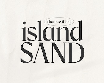 May include: Black and white text graphic with the words "island SAND" in a sharp serif font. The text is in a modern, minimalist style.