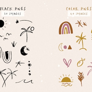 May include: A set of 70 black and white and colored illustrations of summer and beach themed icons. The icons include palm trees, suns, moons, stars, rainbows, and waves. The text "BLACK PNGS 30 IMAGES" and "COLOR PNGS 40 IMAGES" is included in the image.