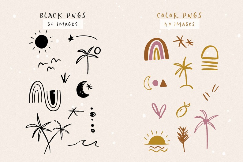May include: A set of 70 black and white and colored illustrations of summer and beach themed icons. The icons include palm trees, suns, moons, stars, rainbows, and waves. The text "BLACK PNGS 30 IMAGES" and "COLOR PNGS 40 IMAGES" is included in the image.