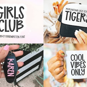 May include: A collection of items featuring a quirky handwritten font. The items include a black and white key chain with the word "KAREN" in pink lettering, a white mug with the text "COOL VIBES ONLY" in black lettering, and a black and white trucker hat with the text "MORGANTOWN HIGH SCHOOL TIGERS" in black lettering.