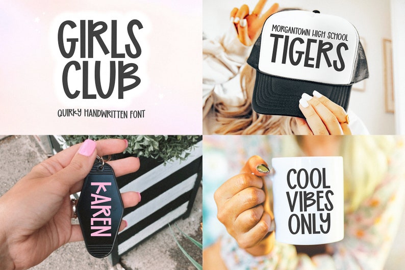 May include: A collection of items featuring a quirky handwritten font. The items include a black and white key chain with the word "KAREN" in pink lettering, a white mug with the text "COOL VIBES ONLY" in black lettering, and a black and white trucker hat with the text "MORGANTOWN HIGH SCHOOL TIGERS" in black lettering.