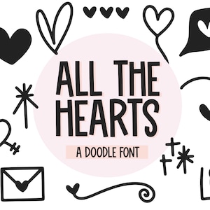 Fuente All The Hearts Doodle - Fuente Hearts, Fuentes para Cricut, Fuente Procreate, Fuente Dingbat, Ilustraciones de corazones, Fuentes Doodle, Fuente Cricut