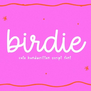 Può includere: Uno sfondo rosa con la parola "birdie" in corsivo bianco. Sotto, il testo "cute handwritten script font". Il design include un bordo arancione e piccoli accenti di stelle e punti.
