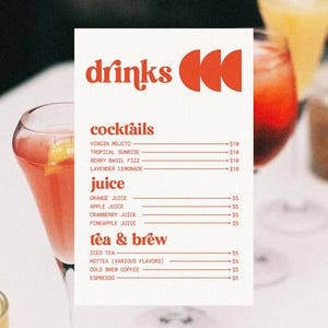 May include: A menu with the word "drinks" in red, featuring cocktails, juice, and tea & brew options. Cocktails include Virgin Mojito and Tropical Sunrise. Juices include orange and apple. Tea options are iced tea and hot tea.
