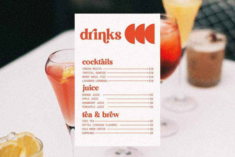 May include: A menu with the word "drinks" in red, featuring cocktails, juice, and tea & brew options. Cocktails include Virgin Mojito and Tropical Sunrise. Juices include orange and apple. Tea options are iced tea and hot tea.