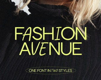 May include: A black mock neck shirt with the text "FASHION AVENUE" in yellow outlined letters. The text "ONE FONT IN TWO STYLES" is also in yellow outlined letters.